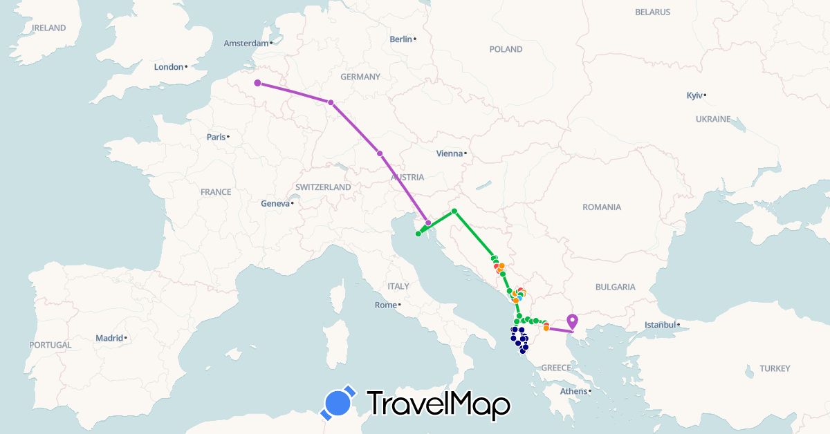 TravelMap itinerary: driving, bus, train, hiking, boat, hitchhiking in Albania, Bosnia and Herzegovina, Belgium, Germany, Greece, Croatia, Montenegro, Macedonia (Europe)